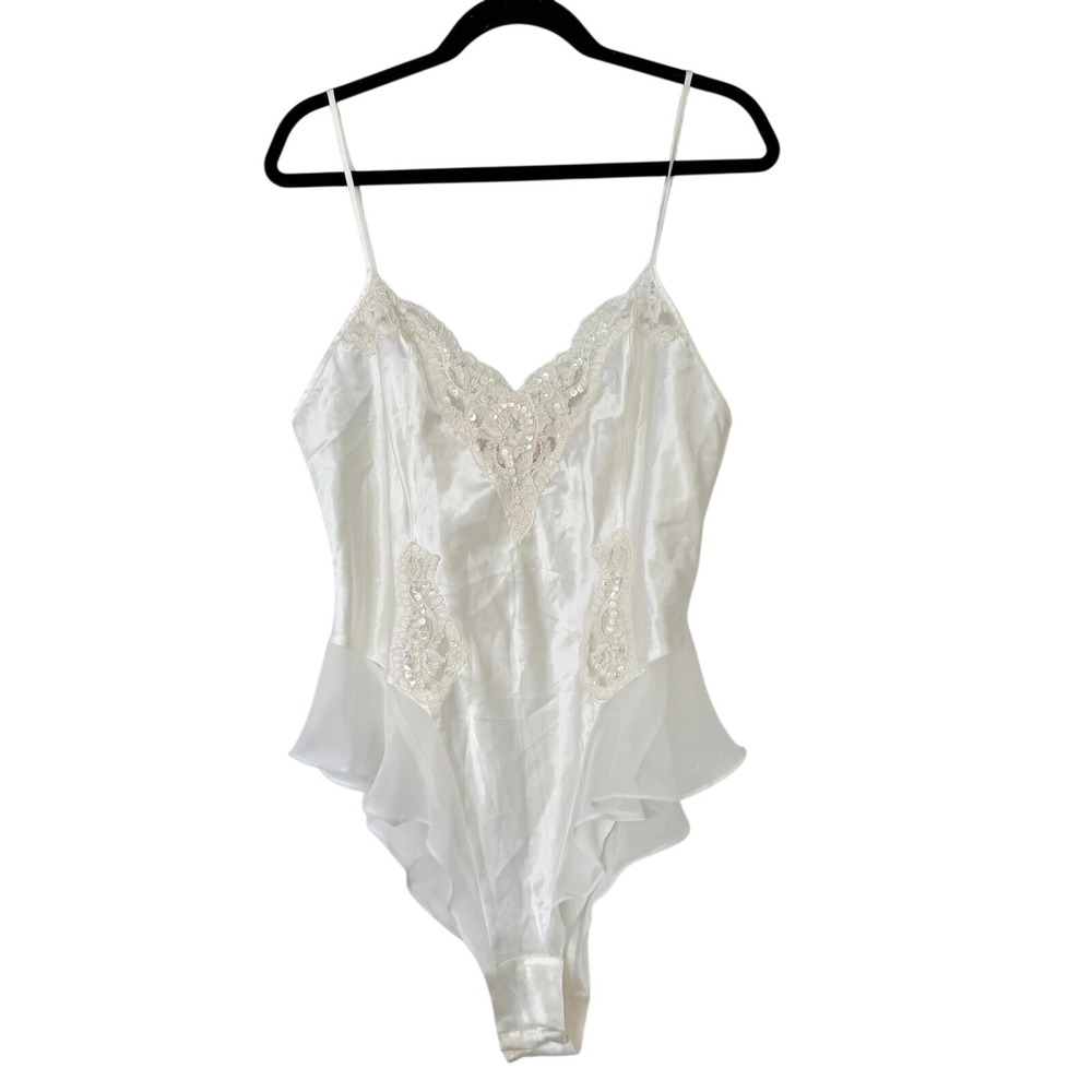 Victoria's Secret Vintage Ivory Satin Lace Sequin Ruffle Bodysuit Lingerie Large